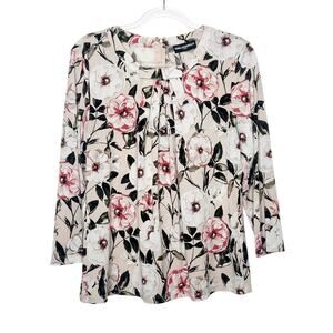KARL LAGERFELD Vianne Floral Pleated Bow Blouse 3/4 Sleeve Cream Multi Womens L